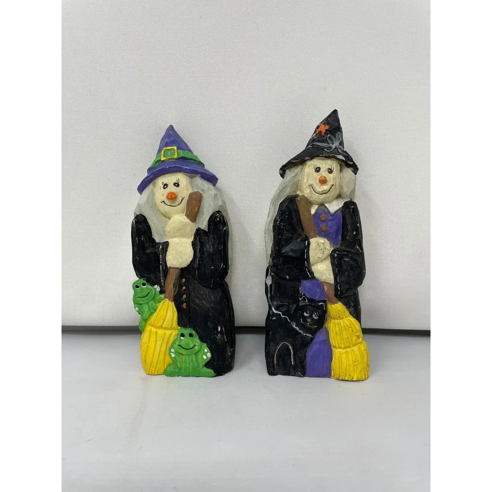 Hermitage pottery Halloween Decor Witch Figurines w/‎ Frog Cat Broom - Set of 2